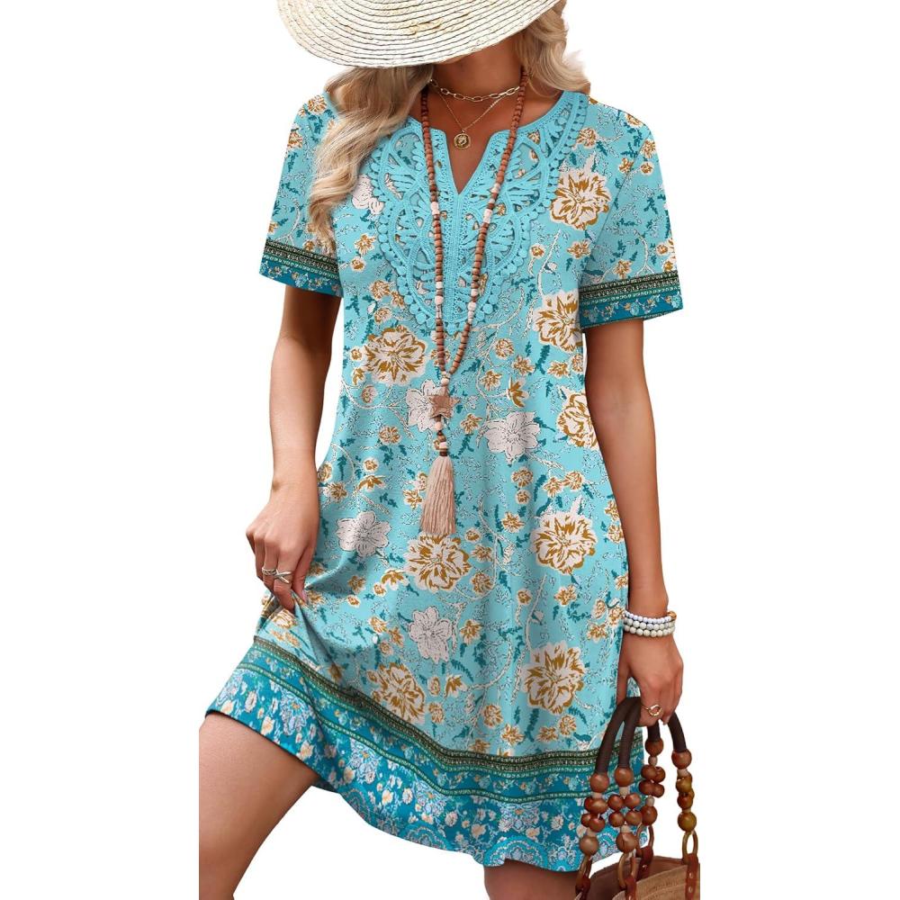 image:imageWIHOLL Summer Dresses for Women Casual Tshirt Boho Dress Wedding Guest Dresses Short Sleeve Fashion Beach Vacation ClothesBlue Vintage Floral