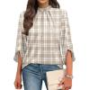 image:imageWIHOLL 34 Length Sleeve Womens Tops Mock Neck Pleated Front Blouses for Women Dressy Casual Spring Summer OutfitsBrown Stripes