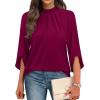 image:imageWIHOLL 34 Length Sleeve Womens Tops Mock Neck Pleated Front Blouses for Women Dressy Casual Spring Summer OutfitsPurple Red