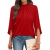 image:imageWIHOLL 34 Length Sleeve Womens Tops Mock Neck Pleated Front Blouses for Women Dressy Casual Spring Summer OutfitsRed