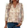 image:imageWIHOLL 34 Length Sleeve Womens Tops with Button Cuffs Dressy Casual V Neck Summer Outfits Early Fall Fashion Spring Clothes02  Brown Print