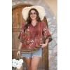 image:imageWIHOLL Boho Tops for Women Summer Spring 34 Sleeve Dressy Fashion V Neck Casual 2026 Business Beach Plus Size Resort BlousesFlower Red