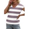 image:imageWIHOLL Short Sleeve Sweater for Women V Neck Trendy Summer Tops 2026 Beach Vacation Clothes Travel Business Casual OutfitsZ  White Purple Stripes