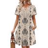 image:imageWIHOLL Summer Dresses for Women Casual Tshirt Boho Dress Wedding Guest Dresses Short Sleeve Fashion Beach Vacation ClothesBeige Ethnic Floral