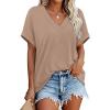 image:imageWIHOLL Womens Oversized V Neck Tshirts Plus Size Summer Tops 2026 Short Rolled Sleeve Shirts Dressy Casual Blouses S4XLBeige