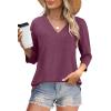 image:imageWIHOLL Womens Tops 34 Length Sleeve V Neck Casual Tunic Tops Basic Shirts Loose Fit BlouseB Maroon