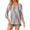 image:imageWIHOLL Womens Tops 34 Length Sleeve V Neck Casual Tunic Tops Basic Shirts Loose Fit BlouseFloral Brown Printed