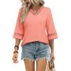 image:imageWIHOLL Womens Tops Eyelet Lace V Neck Bell Sleeve Blouses Dressy Casual Work Shirt 2026 Summer Spring Fashion ClothingCoral