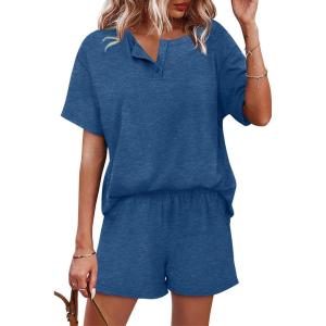 image:imageWIHOLL 2 Piece Sets for Women Lounge Sets Summer Outfits 2026 Button Down Short Sleeve Tops and Shorts Set with Pockets1blue