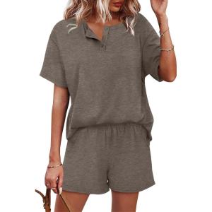 image:imageWIHOLL 2 Piece Sets for Women Lounge Sets Summer Outfits 2026 Button Down Short Sleeve Tops and Shorts Set with Pockets1coffee