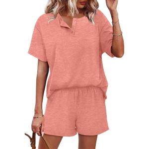 image:imageWIHOLL 2 Piece Sets for Women Lounge Sets Summer Outfits 2026 Button Down Short Sleeve Tops and Shorts Set with Pockets2coral