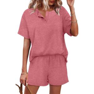 image:imageWIHOLL 2 Piece Sets for Women Lounge Sets Summer Outfits 2026 Button Down Short Sleeve Tops and Shorts Set with Pockets2pink