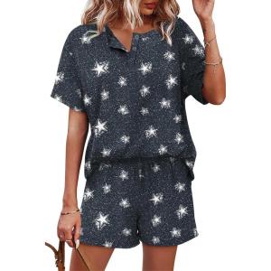 image:imageWIHOLL 2 Piece Sets for Women Lounge Sets Summer Outfits 2026 Button Down Short Sleeve Tops and Shorts Set with Pockets3dark Gray Stars