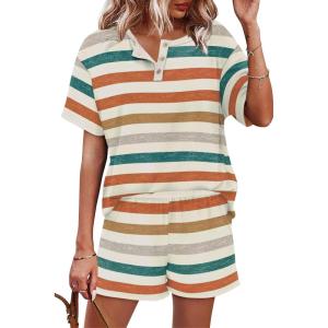 image:imageWIHOLL 2 Piece Sets for Women Lounge Sets Summer Outfits 2026 Button Down Short Sleeve Tops and Shorts Set with Pockets3orange Stripes