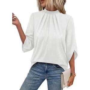 image:imageWIHOLL 34 Length Sleeve Womens Tops Mock Neck Pleated Front Blouses for Women Dressy Casual Spring Summer OutfitsAll White