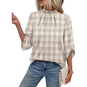 image:imageWIHOLL 34 Length Sleeve Womens Tops Mock Neck Pleated Front Blouses for Women Dressy Casual Spring Summer OutfitsBrown Stripes