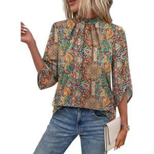 image:imageWIHOLL 34 Length Sleeve Womens Tops Mock Neck Pleated Front Blouses for Women Dressy Casual Spring Summer OutfitsEthnic