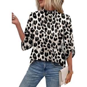 image:imageWIHOLL 34 Length Sleeve Womens Tops Mock Neck Pleated Front Blouses for Women Dressy Casual Spring Summer OutfitsLeopard