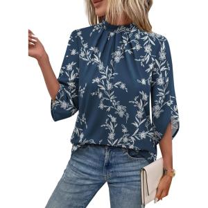 image:imageWIHOLL 34 Length Sleeve Womens Tops Mock Neck Pleated Front Blouses for Women Dressy Casual Spring Summer OutfitsNavy Floral