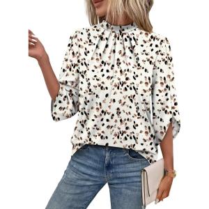 image:imageWIHOLL 34 Length Sleeve Womens Tops Mock Neck Pleated Front Blouses for Women Dressy Casual Spring Summer OutfitsPolka Dot