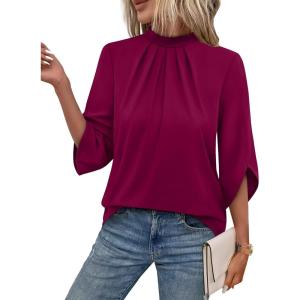 image:imageWIHOLL 34 Length Sleeve Womens Tops Mock Neck Pleated Front Blouses for Women Dressy Casual Spring Summer OutfitsPurple Red