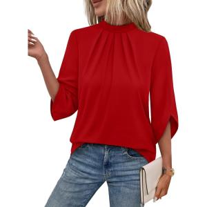 image:imageWIHOLL 34 Length Sleeve Womens Tops Mock Neck Pleated Front Blouses for Women Dressy Casual Spring Summer OutfitsRed