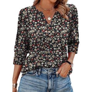 image:imageWIHOLL 34 Length Sleeve Womens Tops with Button Cuffs Dressy Casual V Neck Summer Outfits Early Fall Fashion Spring Clothes01  Black Floral Print