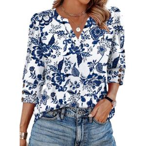 image:imageWIHOLL 34 Length Sleeve Womens Tops with Button Cuffs Dressy Casual V Neck Summer Outfits Early Fall Fashion Spring Clothes01  Blue Floral Print