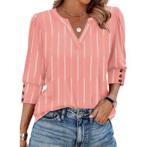 image:imageWIHOLL 34 Length Sleeve Womens Tops with Button Cuffs Dressy Casual V Neck Summer Outfits Early Fall Fashion Spring Clothes01  Pink Stripe