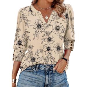 image:imageWIHOLL 34 Length Sleeve Womens Tops with Button Cuffs Dressy Casual V Neck Summer Outfits Early Fall Fashion Spring Clothes02  Beige Print