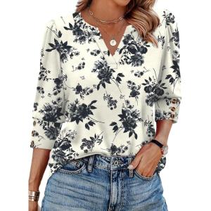 image:imageWIHOLL 34 Length Sleeve Womens Tops with Button Cuffs Dressy Casual V Neck Summer Outfits Early Fall Fashion Spring Clothes02  Black Floral Print