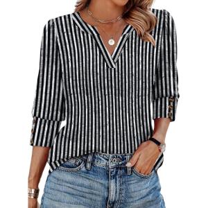 image:imageWIHOLL 34 Length Sleeve Womens Tops with Button Cuffs Dressy Casual V Neck Summer Outfits Early Fall Fashion Spring Clothes02  Black Stripe