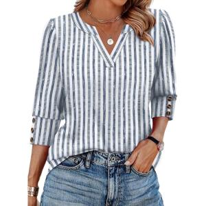image:imageWIHOLL 34 Length Sleeve Womens Tops with Button Cuffs Dressy Casual V Neck Summer Outfits Early Fall Fashion Spring Clothes02  Blue Stripe