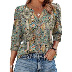 image:imageWIHOLL 34 Length Sleeve Womens Tops with Button Cuffs Dressy Casual V Neck Summer Outfits Early Fall Fashion Spring Clothes02  Boho Paisley Floral