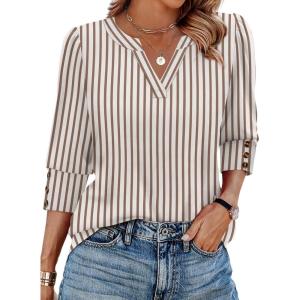 image:imageWIHOLL 34 Length Sleeve Womens Tops with Button Cuffs Dressy Casual V Neck Summer Outfits Early Fall Fashion Spring Clothes02  Coffee Stripe