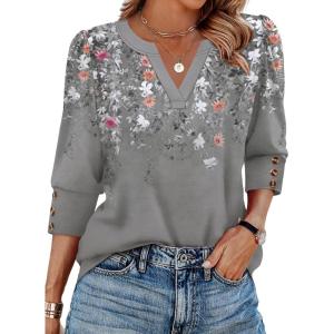 image:imageWIHOLL 34 Length Sleeve Womens Tops with Button Cuffs Dressy Casual V Neck Summer Outfits Early Fall Fashion Spring Clothes02  Grey Floral