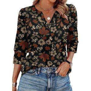image:imageWIHOLL 34 Length Sleeve Womens Tops with Button Cuffs Dressy Casual V Neck Summer Outfits Early Fall Fashion Spring Clothes02  Leaf Print