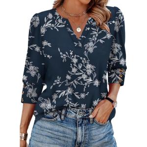 image:imageWIHOLL 34 Length Sleeve Womens Tops with Button Cuffs Dressy Casual V Neck Summer Outfits Early Fall Fashion Spring Clothes02  Navy Print