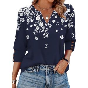 image:imageWIHOLL 34 Length Sleeve Womens Tops with Button Cuffs Dressy Casual V Neck Summer Outfits Early Fall Fashion Spring Clothes02  Navy White Floral