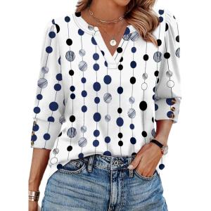 image:imageWIHOLL 34 Length Sleeve Womens Tops with Button Cuffs Dressy Casual V Neck Summer Outfits Early Fall Fashion Spring Clothes02  Navy White Polka Dot