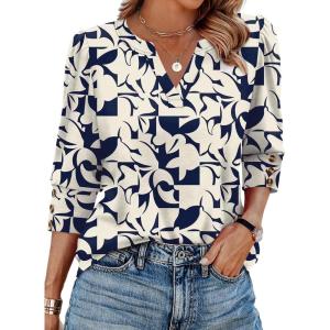 image:imageWIHOLL 34 Length Sleeve Womens Tops with Button Cuffs Dressy Casual V Neck Summer Outfits Early Fall Fashion Spring Clothes02  Navy White Print
