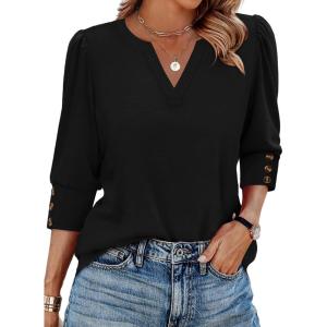 image:imageWIHOLL 34 Length Sleeve Womens Tops with Button Cuffs Dressy Casual V Neck Summer Outfits Early Fall Fashion Spring Clothes03  Black