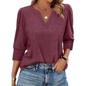 image:imageWIHOLL 34 Length Sleeve Womens Tops with Button Cuffs Dressy Casual V Neck Summer Outfits Early Fall Fashion Spring Clothes06  Wine Red