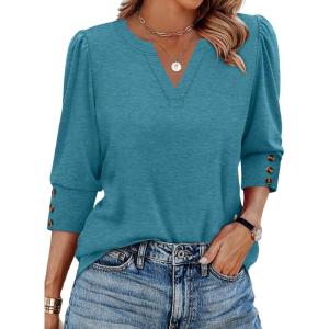 image:imageWIHOLL 34 Length Sleeve Womens Tops with Button Cuffs Dressy Casual V Neck Summer Outfits Early Fall Fashion Spring Clothes08  Turquoise