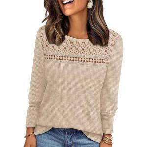 image:imageWIHOLL Blouses for Women Dressy Casual Lace Spring Long Sleeve Shirts 2026 Trendy Sweaters Waffle Knit Beach Vacation ClothesAoatmeal