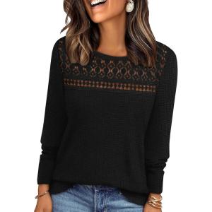 image:imageWIHOLL Blouses for Women Dressy Casual Lace Spring Long Sleeve Shirts 2026 Trendy Sweaters Waffle Knit Beach Vacation ClothesCblack