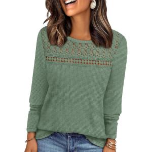 image:imageWIHOLL Blouses for Women Dressy Casual Lace Spring Long Sleeve Shirts 2026 Trendy Sweaters Waffle Knit Beach Vacation ClothesDgreen