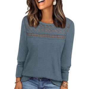 image:imageWIHOLL Blouses for Women Dressy Casual Lace Spring Long Sleeve Shirts 2026 Trendy Sweaters Waffle Knit Beach Vacation ClothesDreal Teal