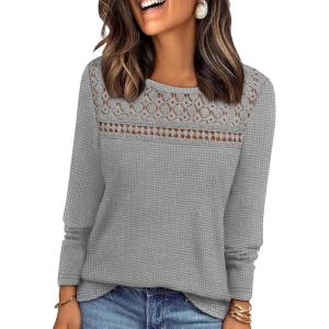 image:imageWIHOLL Blouses for Women Dressy Casual Lace Spring Long Sleeve Shirts 2026 Trendy Sweaters Waffle Knit Beach Vacation ClothesEgrey