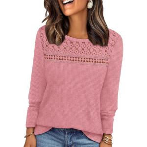 image:imageWIHOLL Blouses for Women Dressy Casual Lace Spring Long Sleeve Shirts 2026 Trendy Sweaters Waffle Knit Beach Vacation ClothesHpink